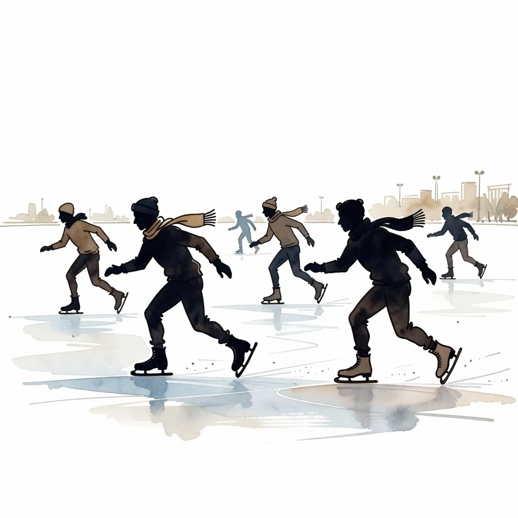 Create a watercolor urban sketch: in the style of artist Cheng Chung Wei + cartoon, people ice skating, skating on a lake, in the style of a 1940s sketch. silhouette. On a white…