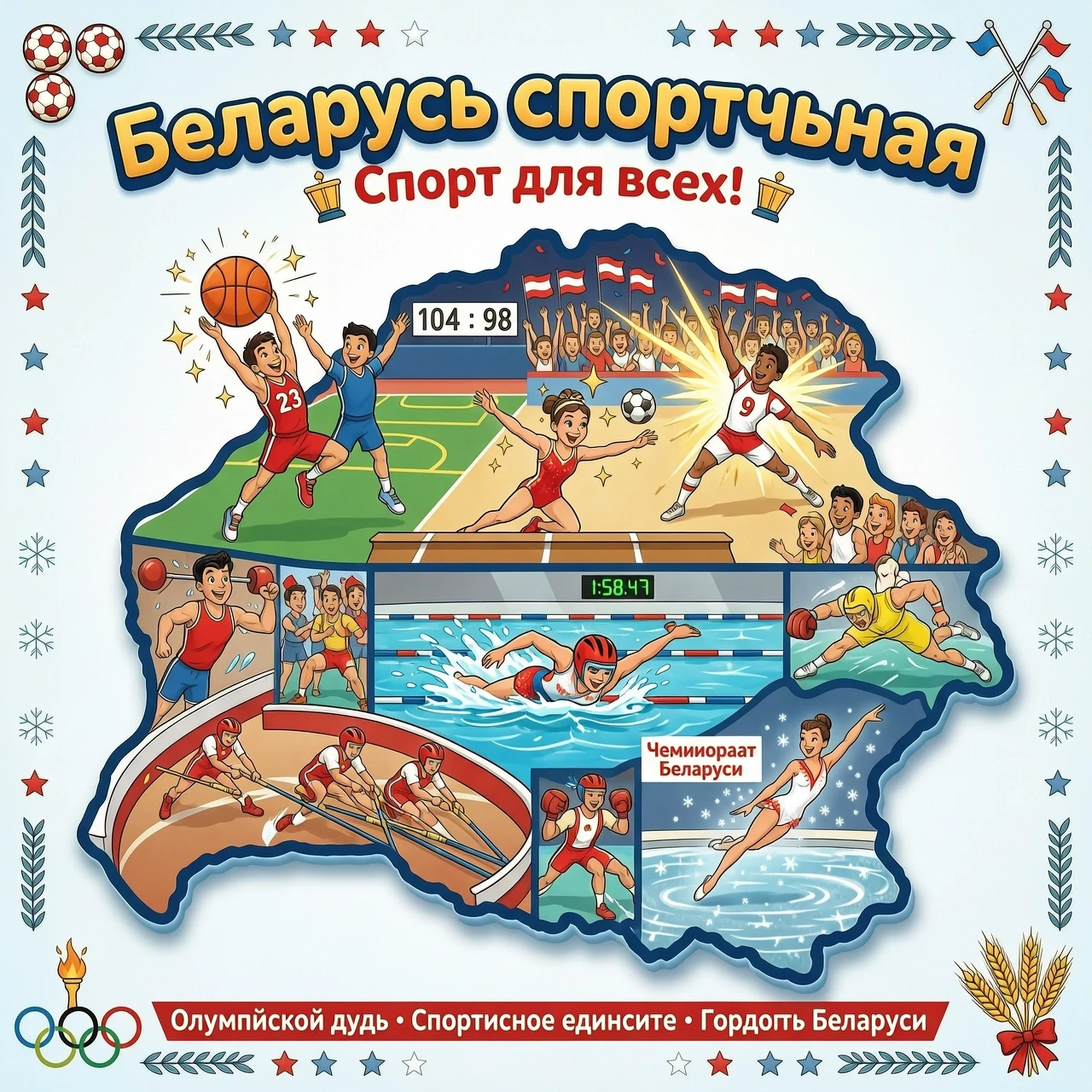 "Беларусь спортивная". Разные виды спорта в контуре Беларуси в стиле дисней — работа пользователя Волшебный Рассвет