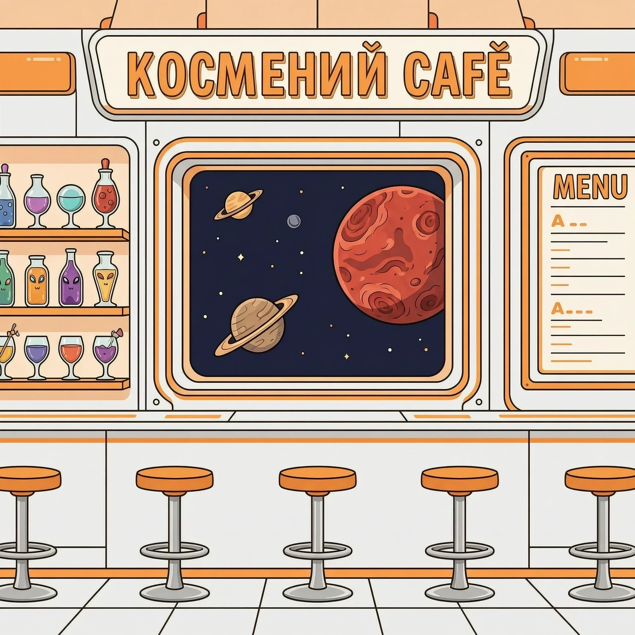 Рисуем заднюю стенку из космического кафе, фронтальный вид. Изобразить иллюминатор с видом на космос и красную планету. Слева от иллюминатора полки с инопланетными напитками.…