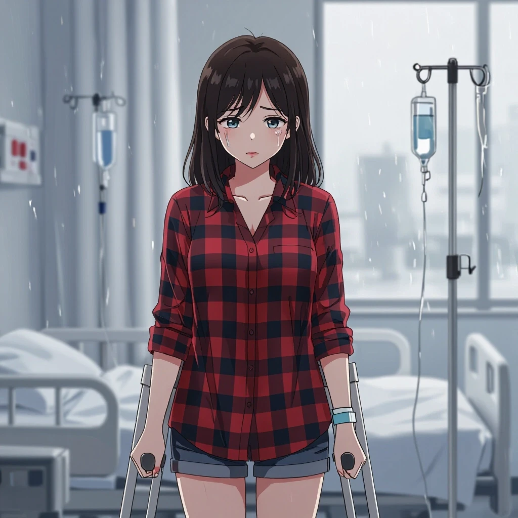 A sad young woman standing with crutches in a hospital room. She wears a long plaid shirt reaching to the upper third of her thigh; shorts. Her posture is slumped, eyes looking…