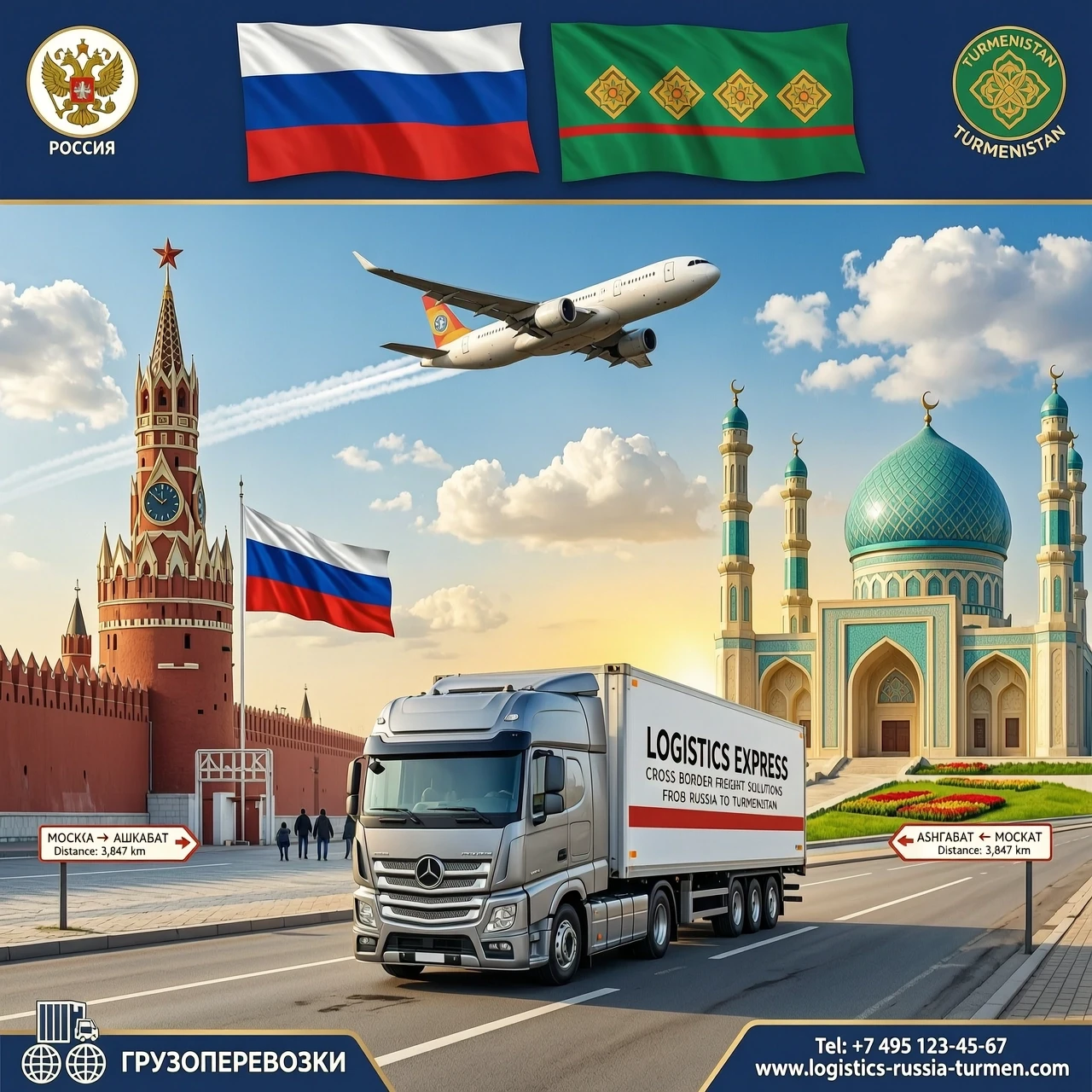 грузоперевозки ИЗ РОССИИ В ТУРКМЕНИСТАН , фон кремль с одной стороны плавный переход на другую сторону с изображением Мечеть Туркменбаши Рухы, Кипчак. добавить самолет в небе,…