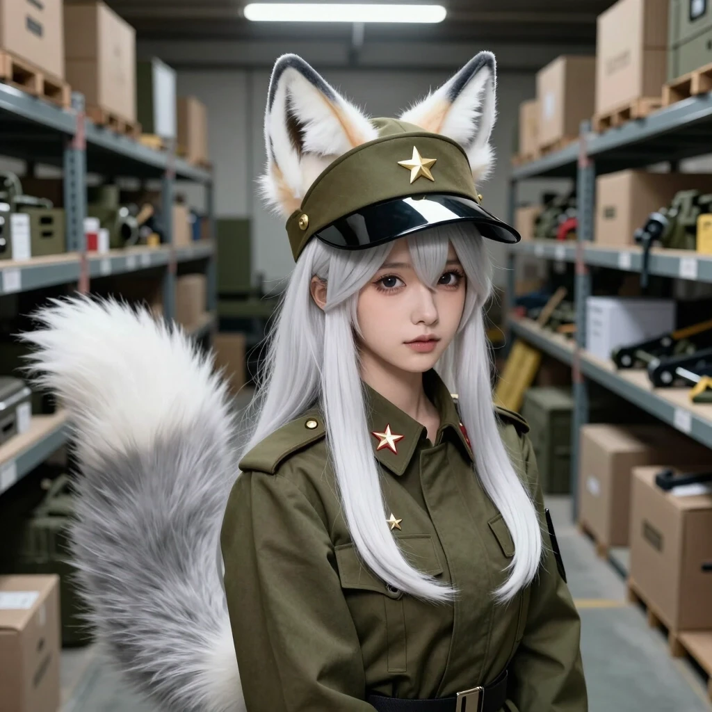 (A wide angle medium shot:1.2) of a beautiful Kumiho girl wearing a ((large oversized military visor hat with a wide flat circular top and a black glossy brim visor, a small…