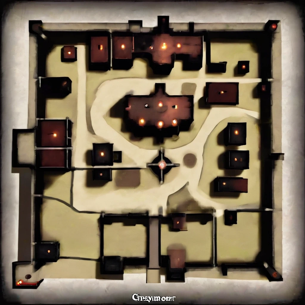 A detailed dark fantasy city map for a tabletop RPG campaign. The city is called Greymoor and is divided into districts. The Upper City is in the north, protected by a high…