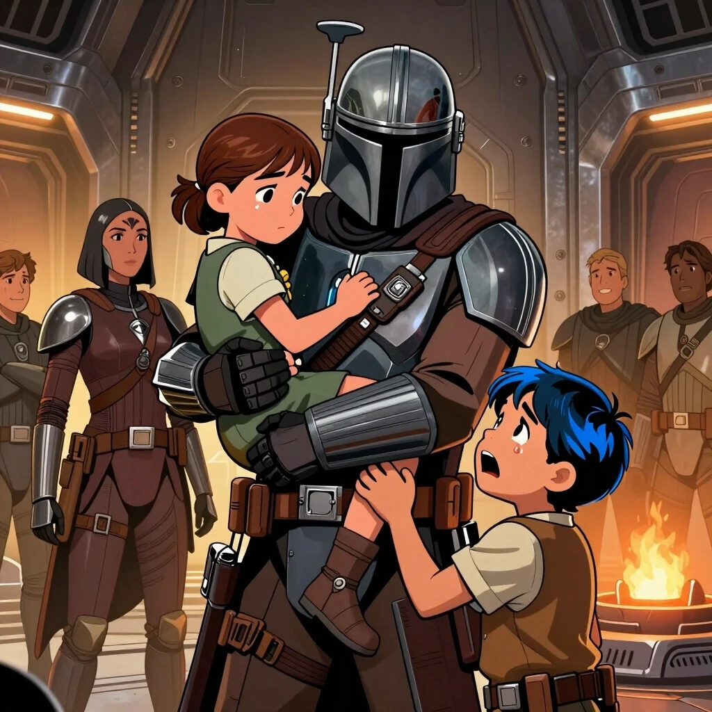 A deeply emotional graphic novel art from Star Wars rebels. Inside the grand metallic hall of Clan Wren fortress. A tall, strong Mandalorian father with grey-streaked hair…