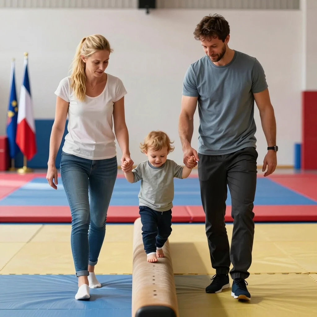 Realistic photo in a bright sports hall: a Caucasian mom and dad (both with blond hair) are holding hands with a light-brown-haired toddler who walks along a narrow soft balance…