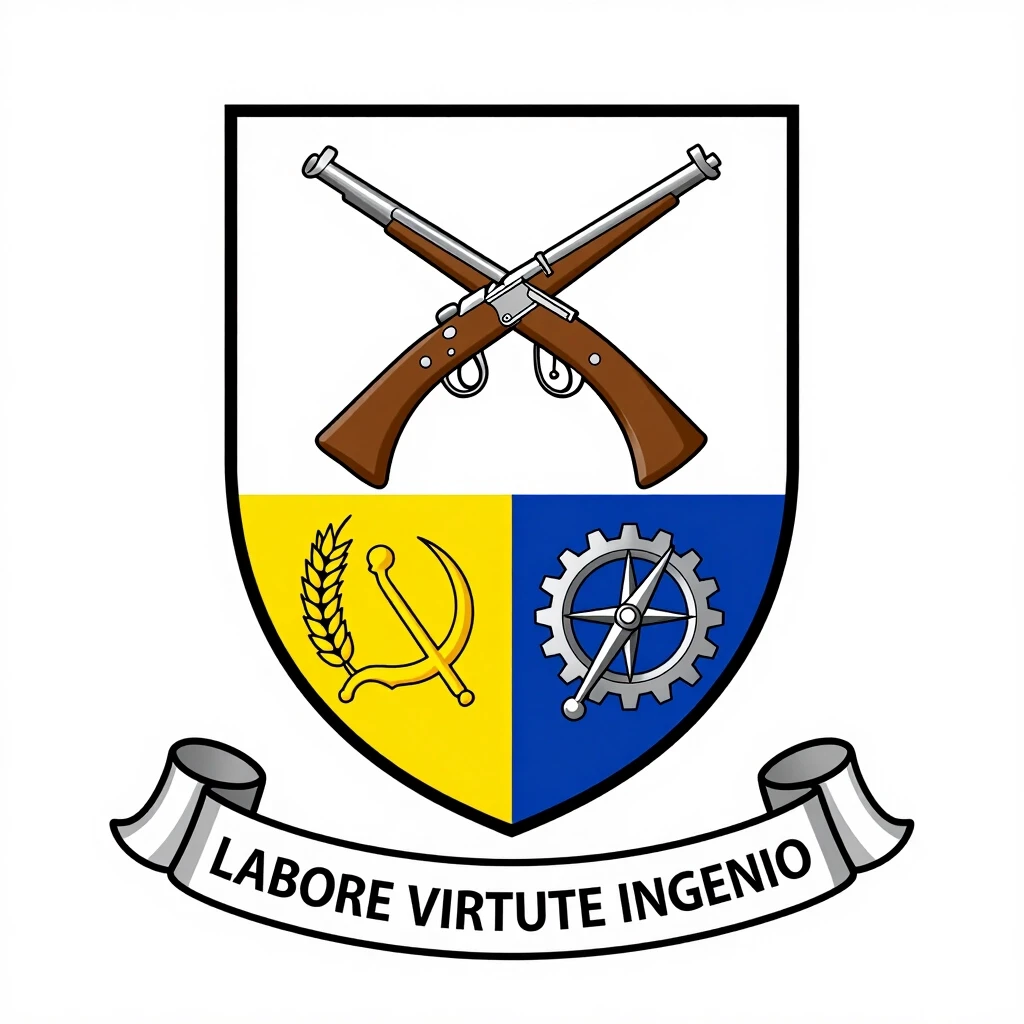 Heraldic coat of arms, family shield with a pall division into three sections (Y-shape partition). Section 1 (top): 19th-century infantry uniform elements and crossed muskets.…