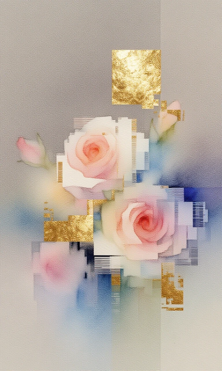 A watercolor work on a neutral gray‑beige background with a gradient. Impressionism. Visible texture of the canvas or textured watercolor paper. Glitch art: digital roses…