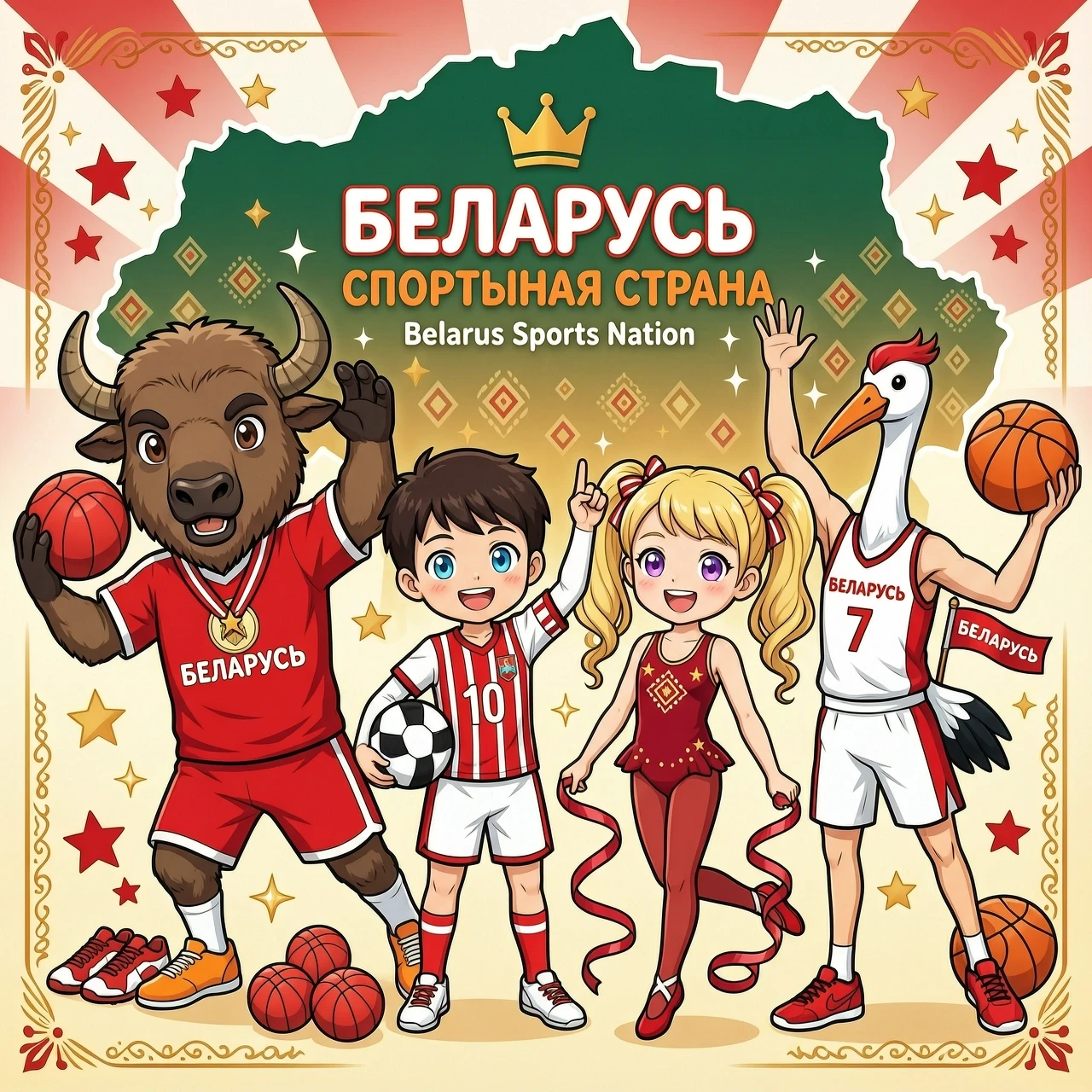 Картинка для детей "Беларусь спортивна". Зубр и аист в спортивной форме со спортивным инвентарем, а с ними мальчик и девочка на фоне контура Беларусии в стиле аниме —…