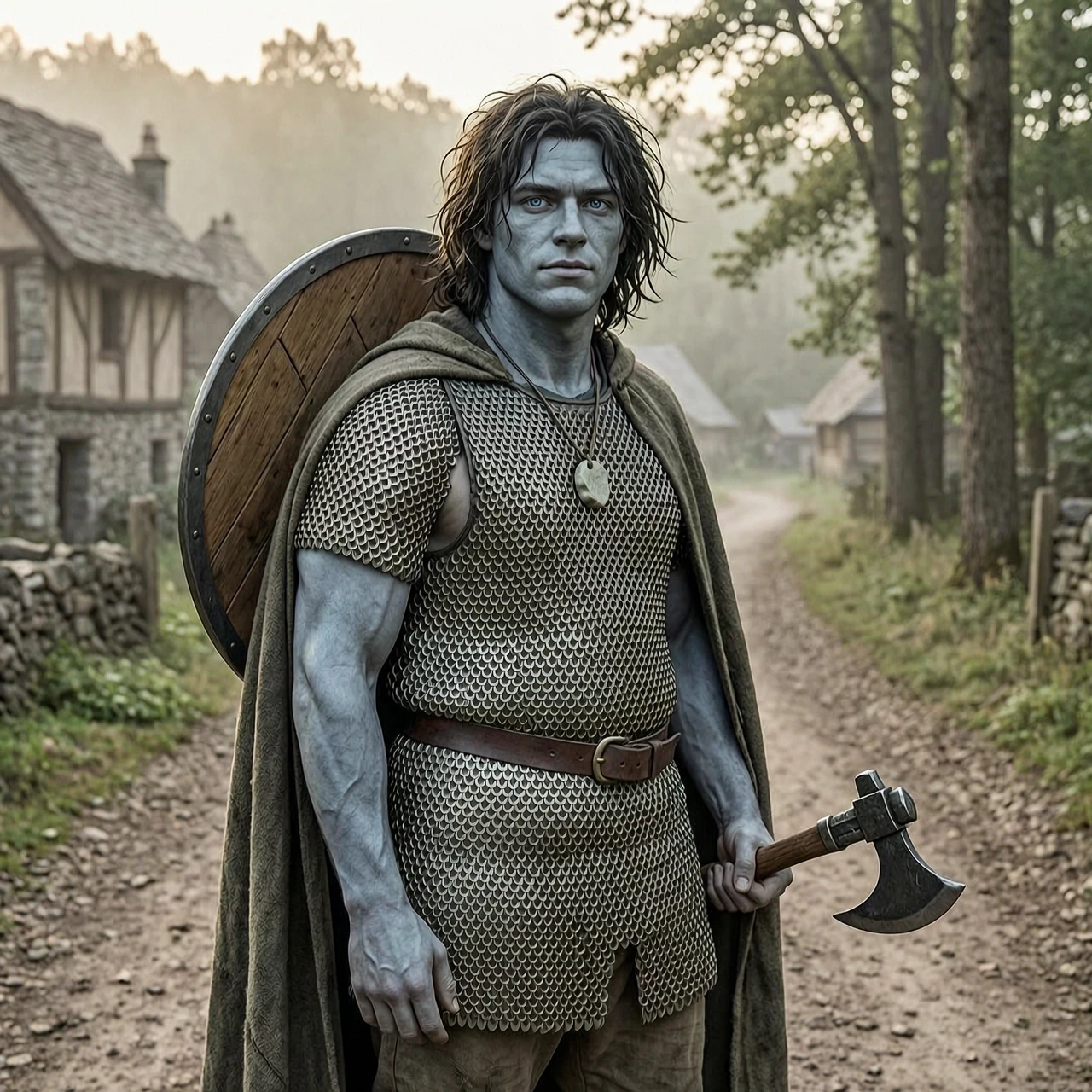 Fantasy character art, portrait of a young male half-goliath half-human adventurer, about 25 human years old. He has a massive, sturdy, muscular build and broad shoulders, but…
