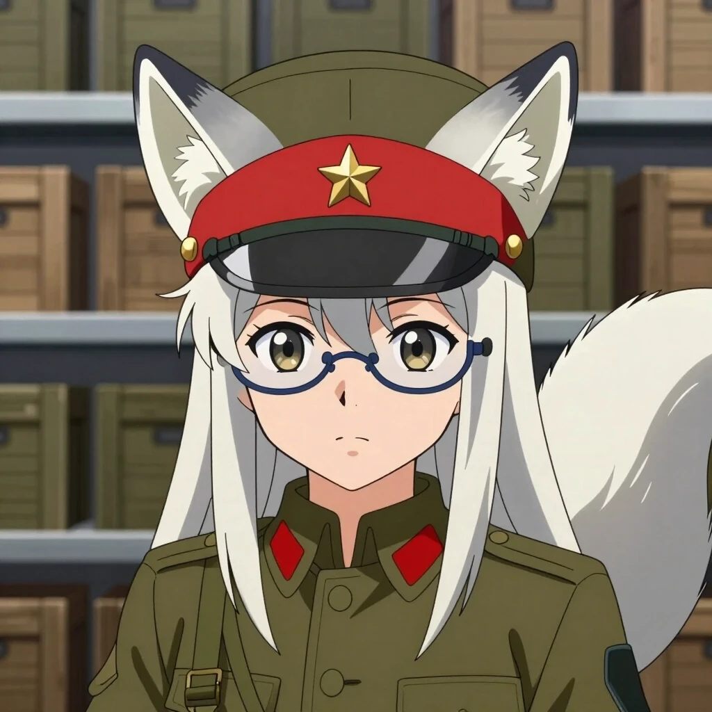 High-quality 2D anime illustration, close-up on a beautiful Kumiho girl with pretty anime eyes and a clear face, absolutely no glasses, no goggles. She is wearing a strict…