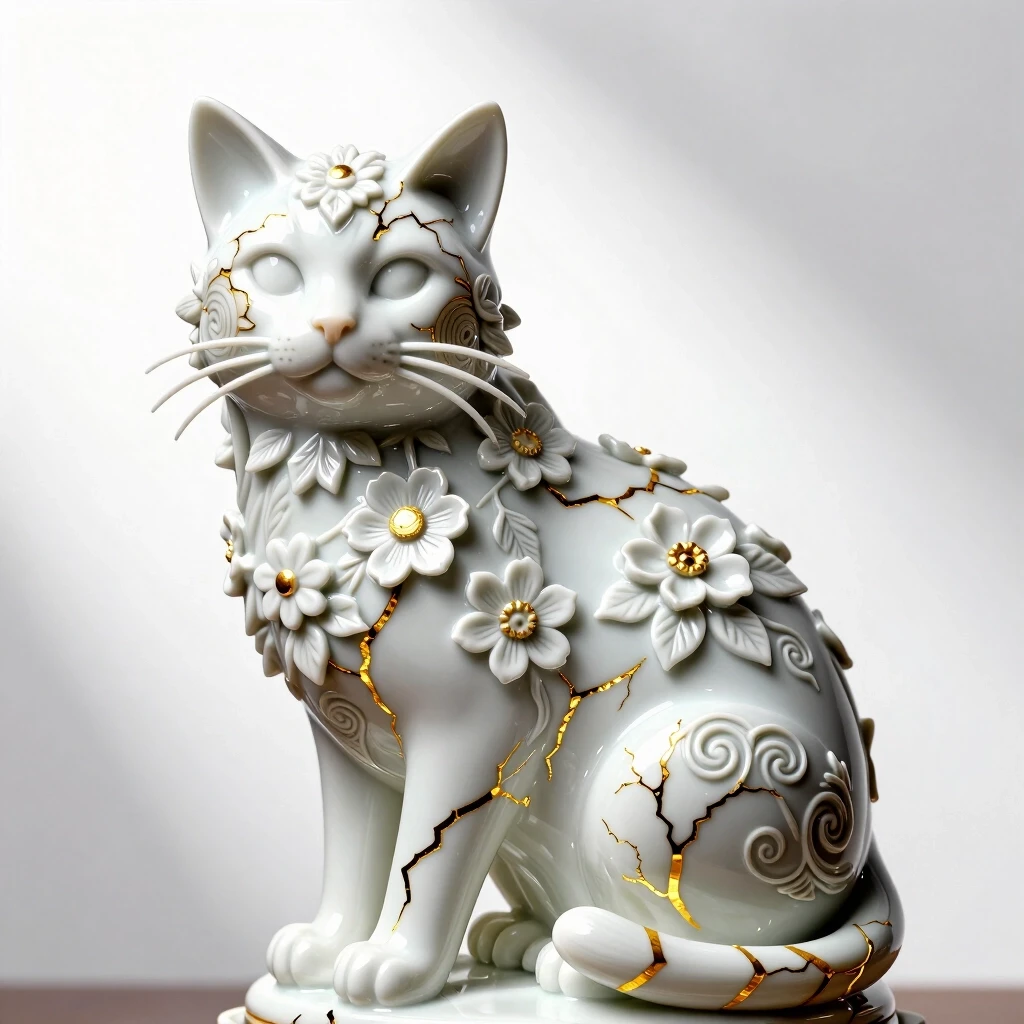 Digital image in Baroque and rocaille style with elements of kintsugi technique. Close-up. (Decorative sculpture made of white porcelain: 1.5). Golden cracks. Volume. The…
