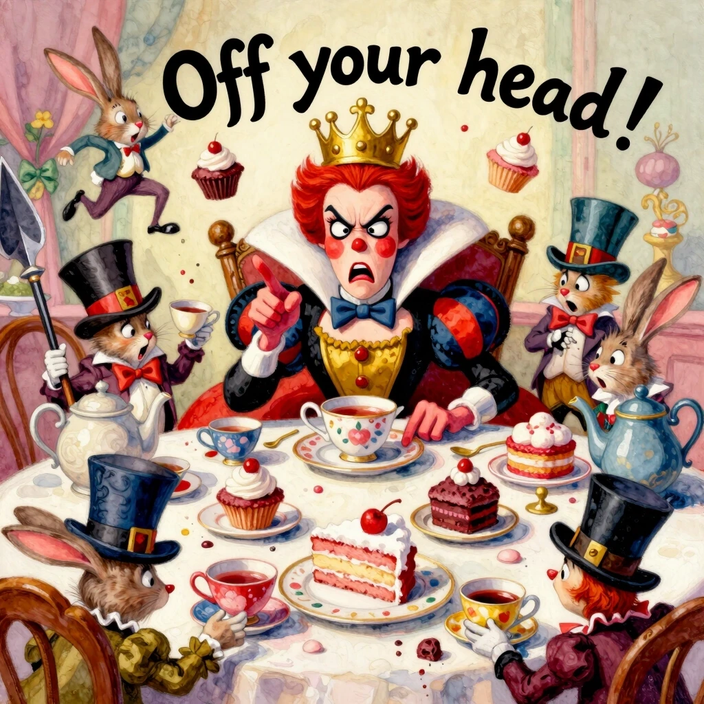 (masterpiece:1.8, acrylic painting:1.5, best quality:1.6, ultra-detailed:1.6). A bizarre and funny image (of the Queen of Hearts), who, sitting at a crazy tea table, angrily…