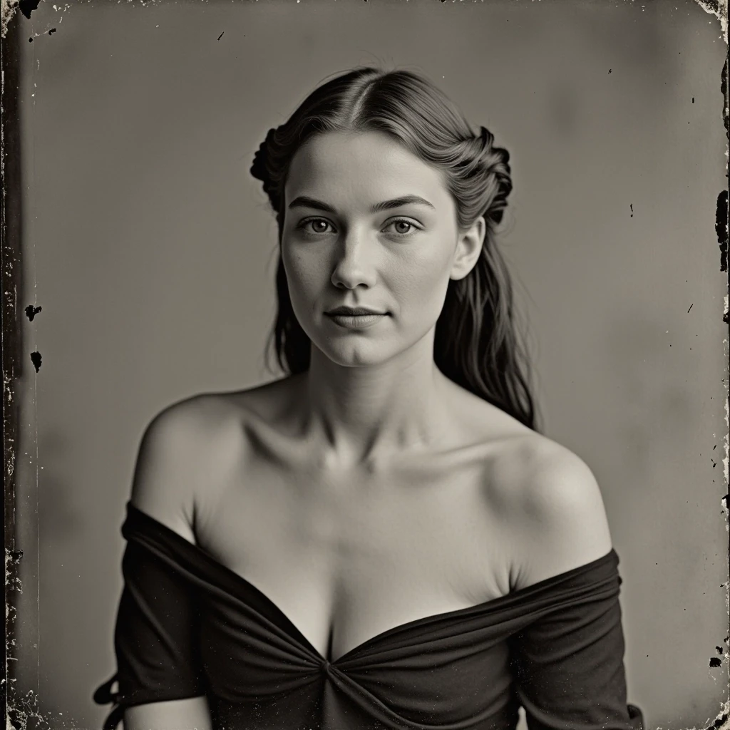 Молодая женщина (примерно 25–28 лет), стройная, светлая кожа, длинные волосы собраны на затылке, голубые/серые глаза, нейтральное уверенное выражение лица с лёгкой…