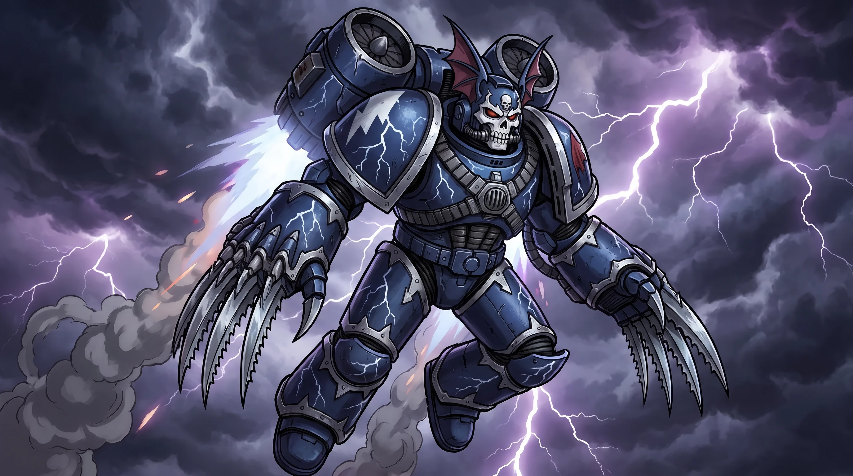 Warhammer 40000 (франшиза), космодесантник из легиона Повелителей Ночи (череп на шлеме, вампирские крылья на шлеме, рисунки молнии на броне), летит на прыжковом ранце, боевая…