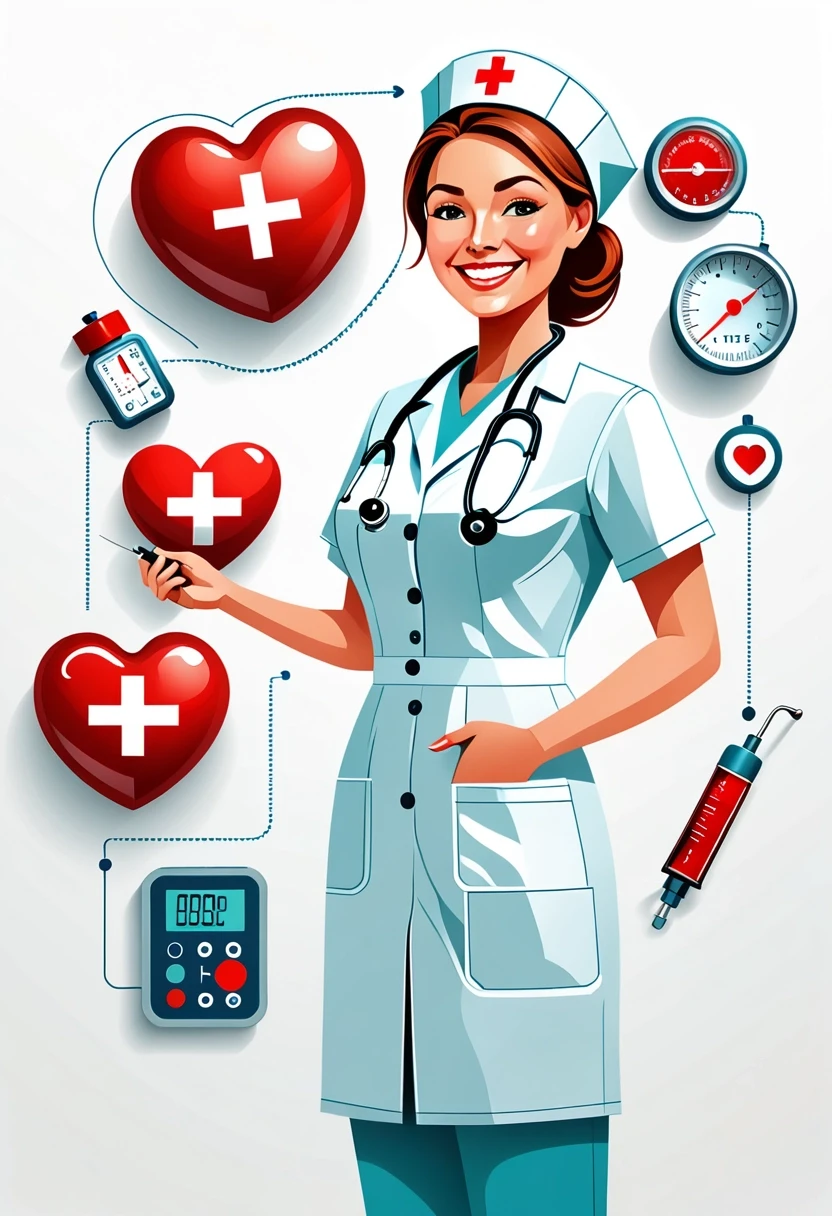 Professional vector graphics on a pristine white background. Nurse smiling, pressure measurement, heart health. — работа пользователя Радужный Чародей