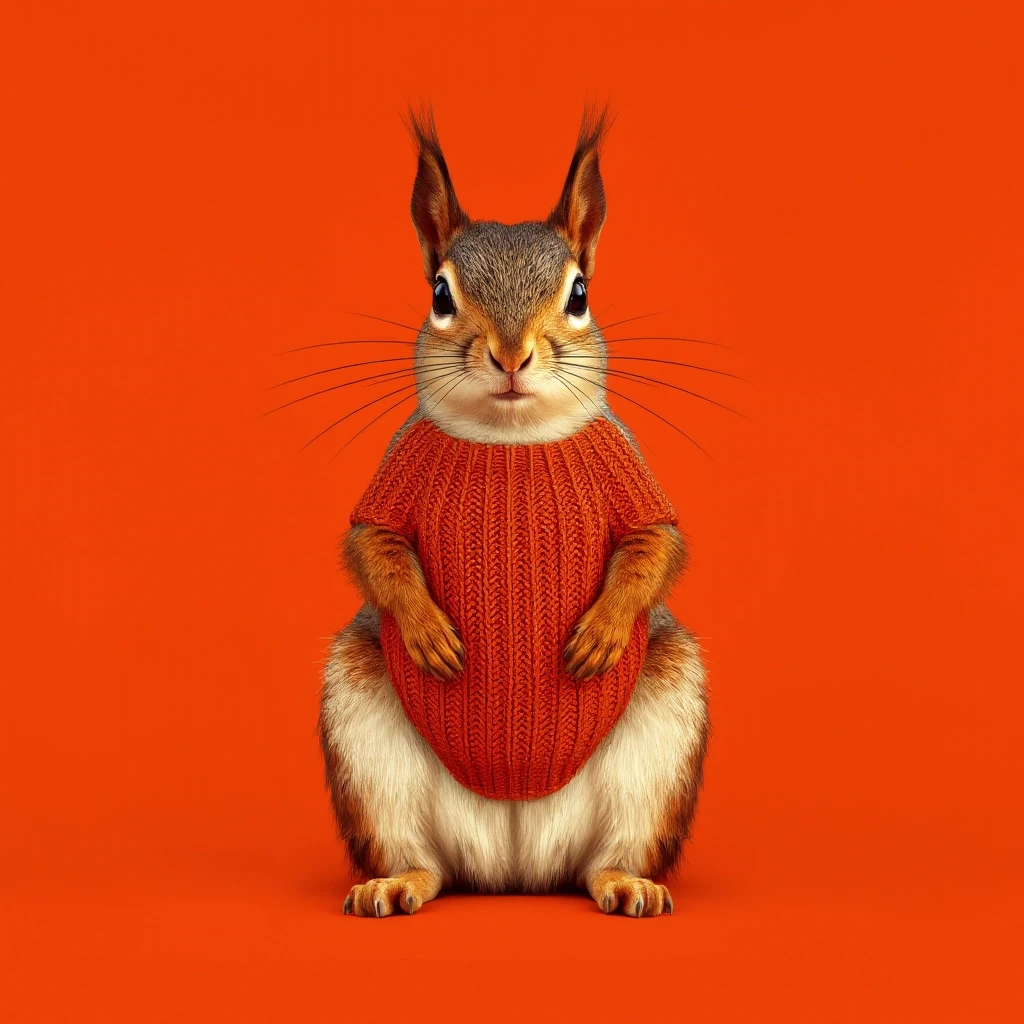 Draw a symmetrical frontal frame in the style of Wes Anderson for the A6 format. In the center is a full—length squirrel, it sits on its hind legs, and on its chest is a…