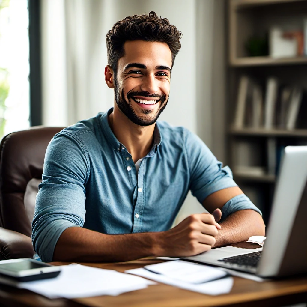 A young man leaning back in his chair at home desk, arms crossed with a confident smile, phone screen showing multiple unread messages from recruiters, relaxed body language…