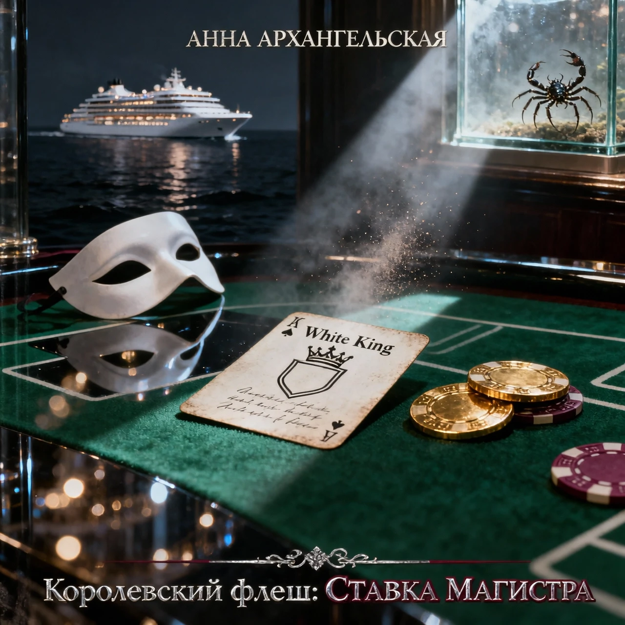 Premium A5 book cover for a detective thriller, vertical orientation. Cinematic realism, hyper-detailed photorealism. Composition: A macro close-up shot of a professional poker…