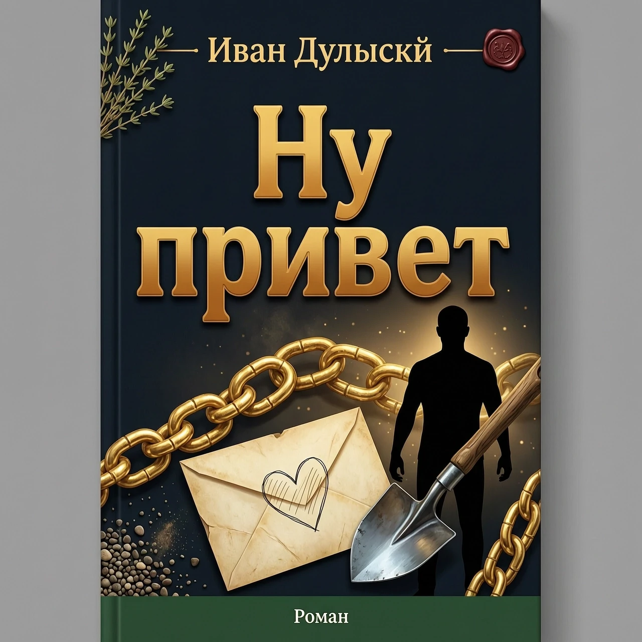 Обложка книги. В верху написано: Иван Дульский, по центру написано большими буквами: Ну привет Изображено на книге, цепь золотая, лопата, темный силуэт, письмо на коротом…