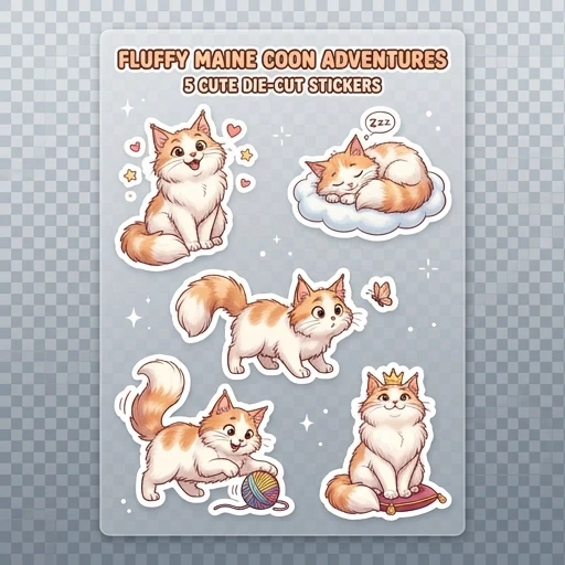 A sticker sheet with 5 cute cartoon stickers of a fluffy white and ginger Maine Coon cat in Disney animation style. Each sticker shows the cat in a different pose and emotion:…
