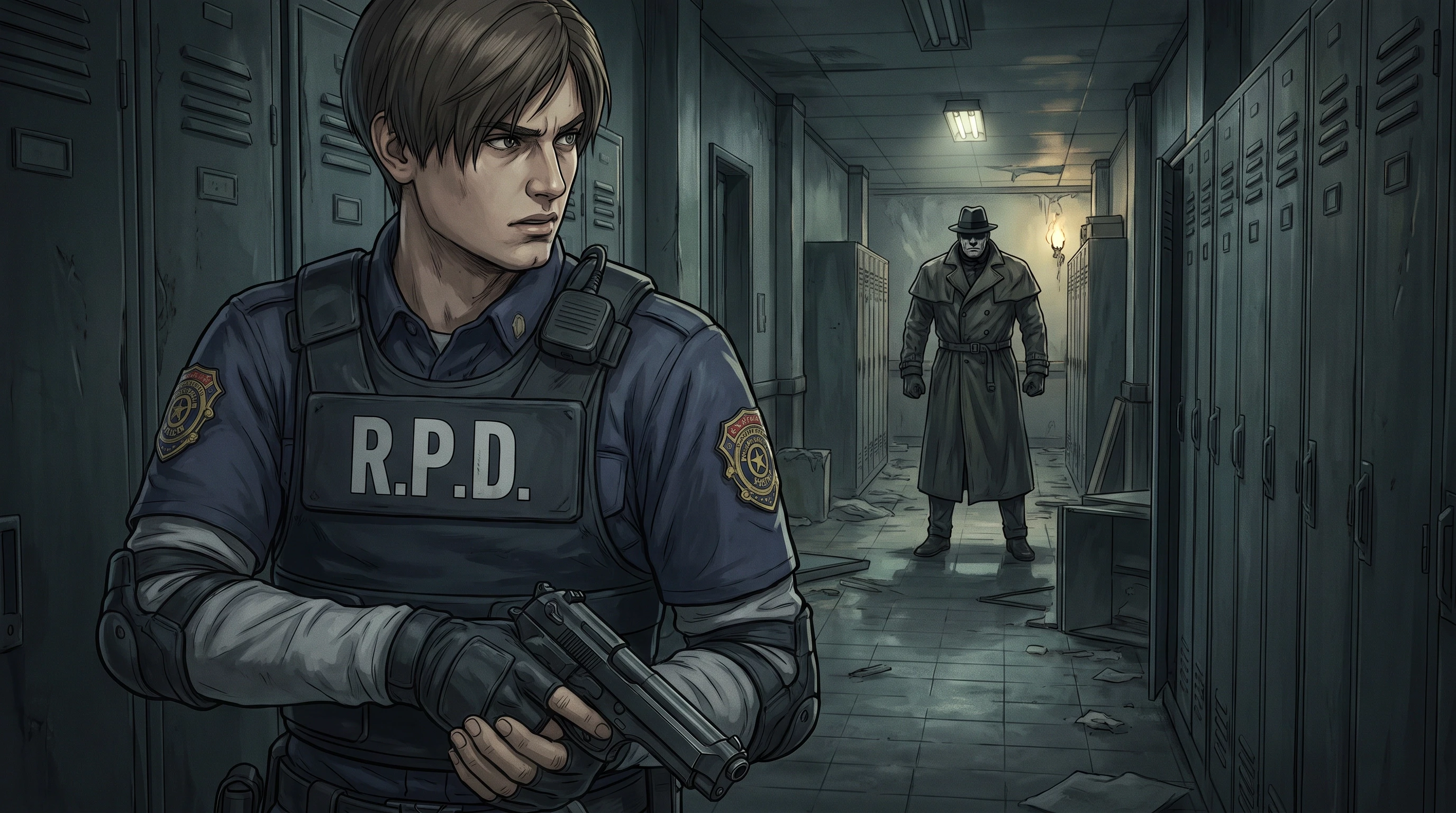 Resident Evil (Франшиза), Леон Кеннеди в полицейской форме, держит пистолет, подозрительный взгляд, на фоне коридора полицейского участка и Мистера Икс, стиль аниме с…