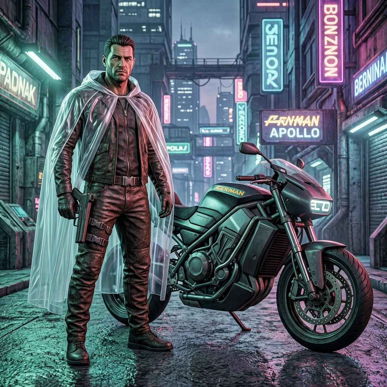 Картинка в стиле Cyberpunk 2077: Кочевник в кожаном жилете и штанах, поверх медицинский плащ из винила, на бедре под плащом в кобуре легкий пистолет-пулемет, рядом стоит…