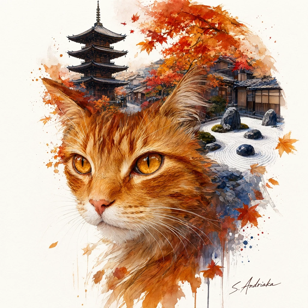 A masterpiece. The painting is done in watercolors. (Double exposure:1.8). (Portrait of a fabulously beautiful cat:1.8). In the background, there are views of Japan at that…