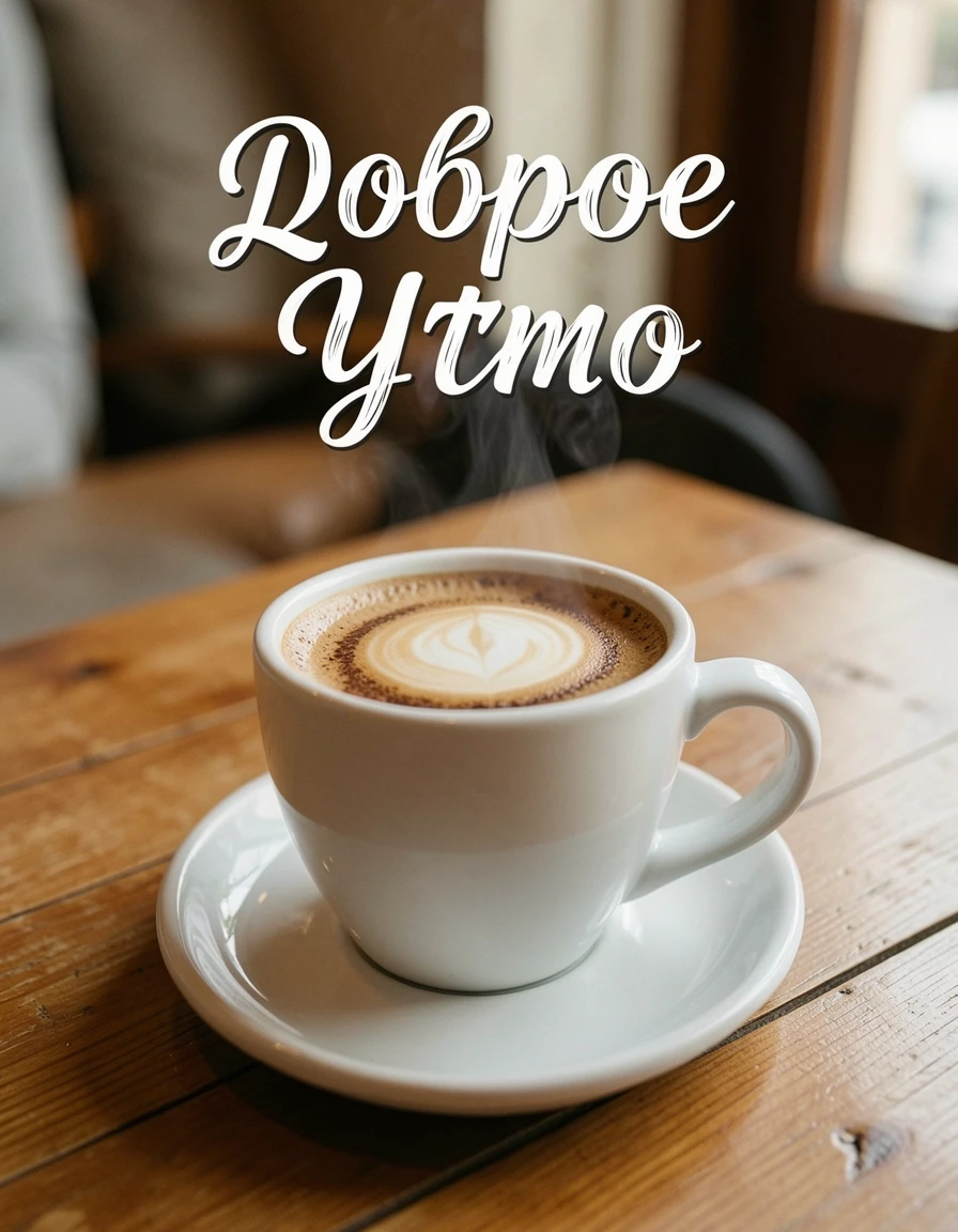 чашка кофе на столе. Вверху надпись "Доброе Утро" — работа пользователя sva1945