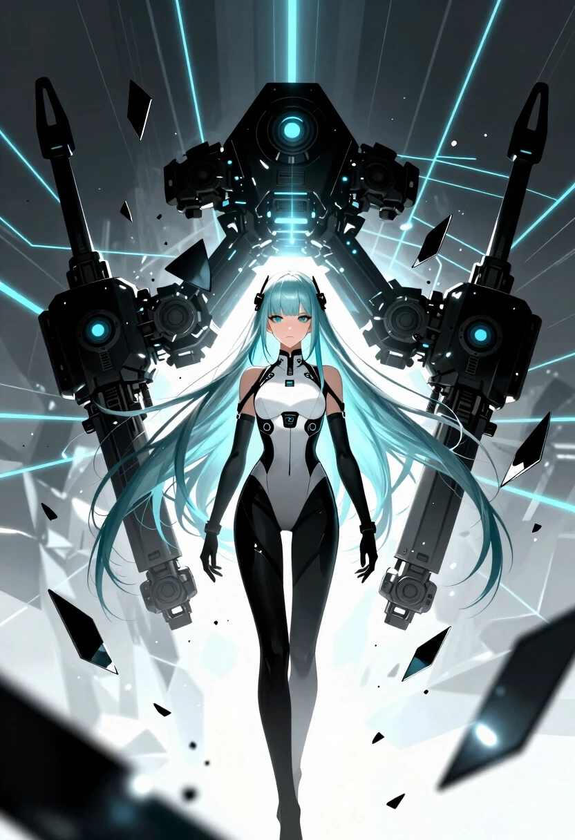 (lacia beatless:1.4), beatless, 1girl, solo, android, long straight hair, loose hair, hair down, long hair flowing, (ice blue hair, light silver-blue hair:1.2), blunt bangs,…