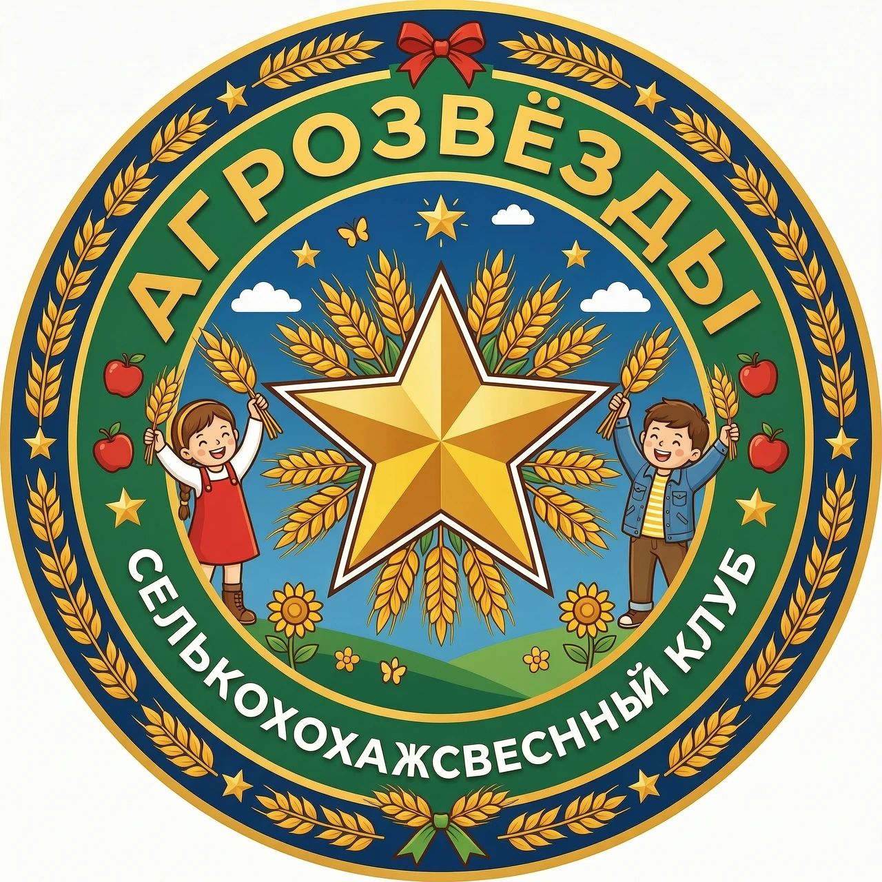 Эмблема с названием АГРОЗВЁЗДЫ. На эмблеме должна быть звезда, колосья ( Или звезда из колосьев), что- то сельскохозяйственное и могут быть дети. Эмблема должна быть яркая. с…