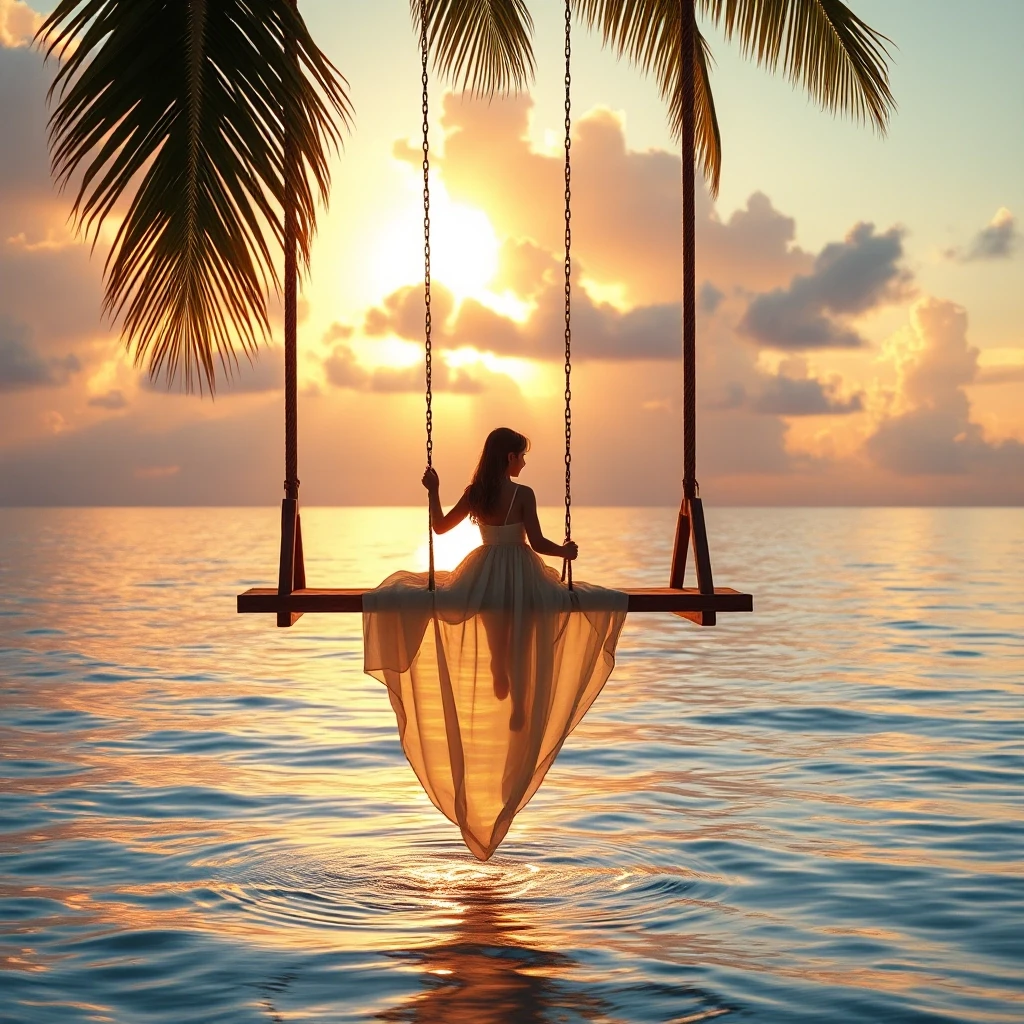 A breathtaking tropical bay at sunset, with warm golden and pink light reflecting on the calm ocean. A girl sits on a large, high swing suspended from a palm tree or wooden…