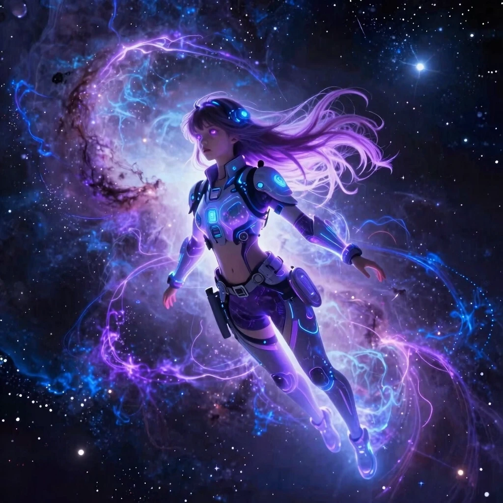 A beautiful space wanderer girl flying through a glowing nebula, long hair floating in zero gravity, glowing eyes. Ethereal light, cosmic energy patterns around her, anime…