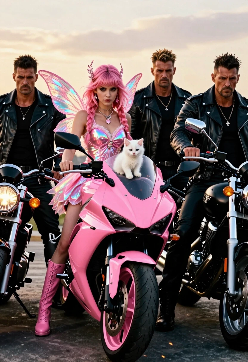 A hyper-realistic 8k cinematic medium shot. Four massive motorcycles are parked in a menacing row, facing the camera. The bikers are grim, muscular men in heavy black leather,…