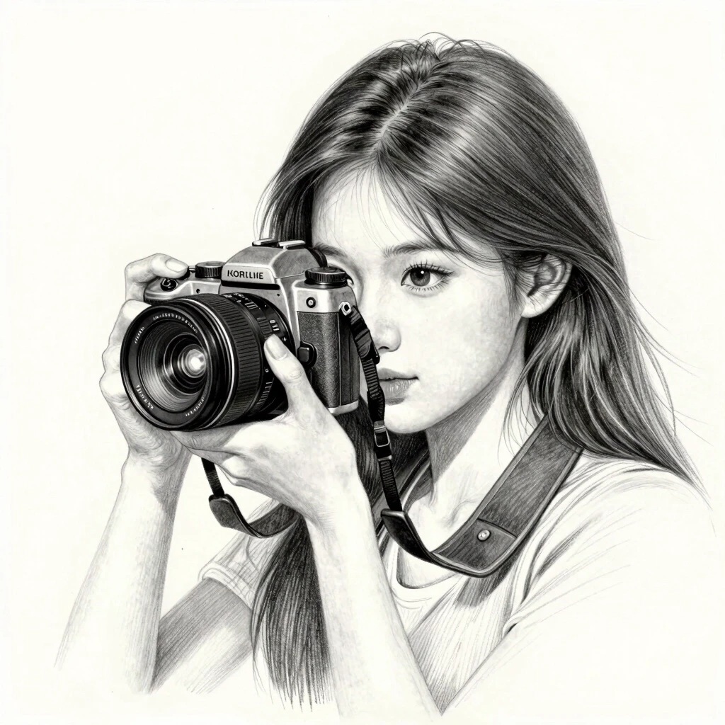 beautiful realistic pencil sketch of a girl capturing a moment through her camera, the detailed hair, eyes, camera and soft shading make this artwork look elegant and artistic…