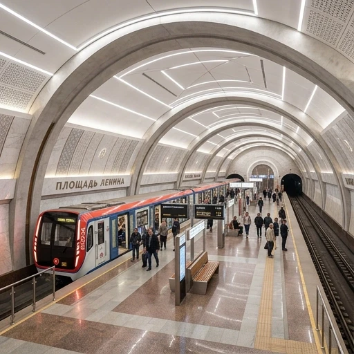 Сделай красивый и Современный проект для станции метро площадь Ленина в Бийске, которая должна быть с широкой островной платформой и односводчатой, а на одном из путей стоит…