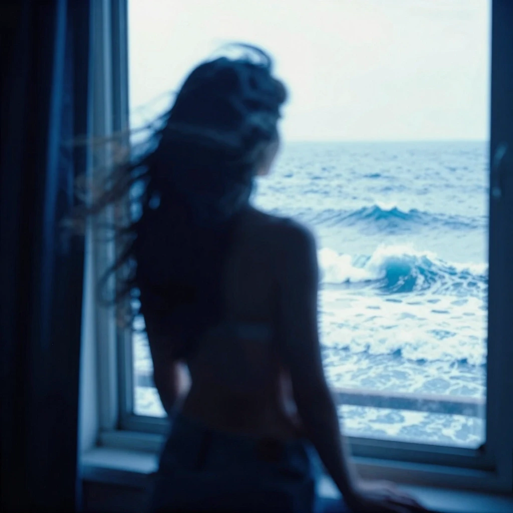 there is a blurry photo of a person looking out a window, blue monochromatic, tall backlit waves, 2 0 1 0, archival pigment print, with textured hair and skin, in motion,…
