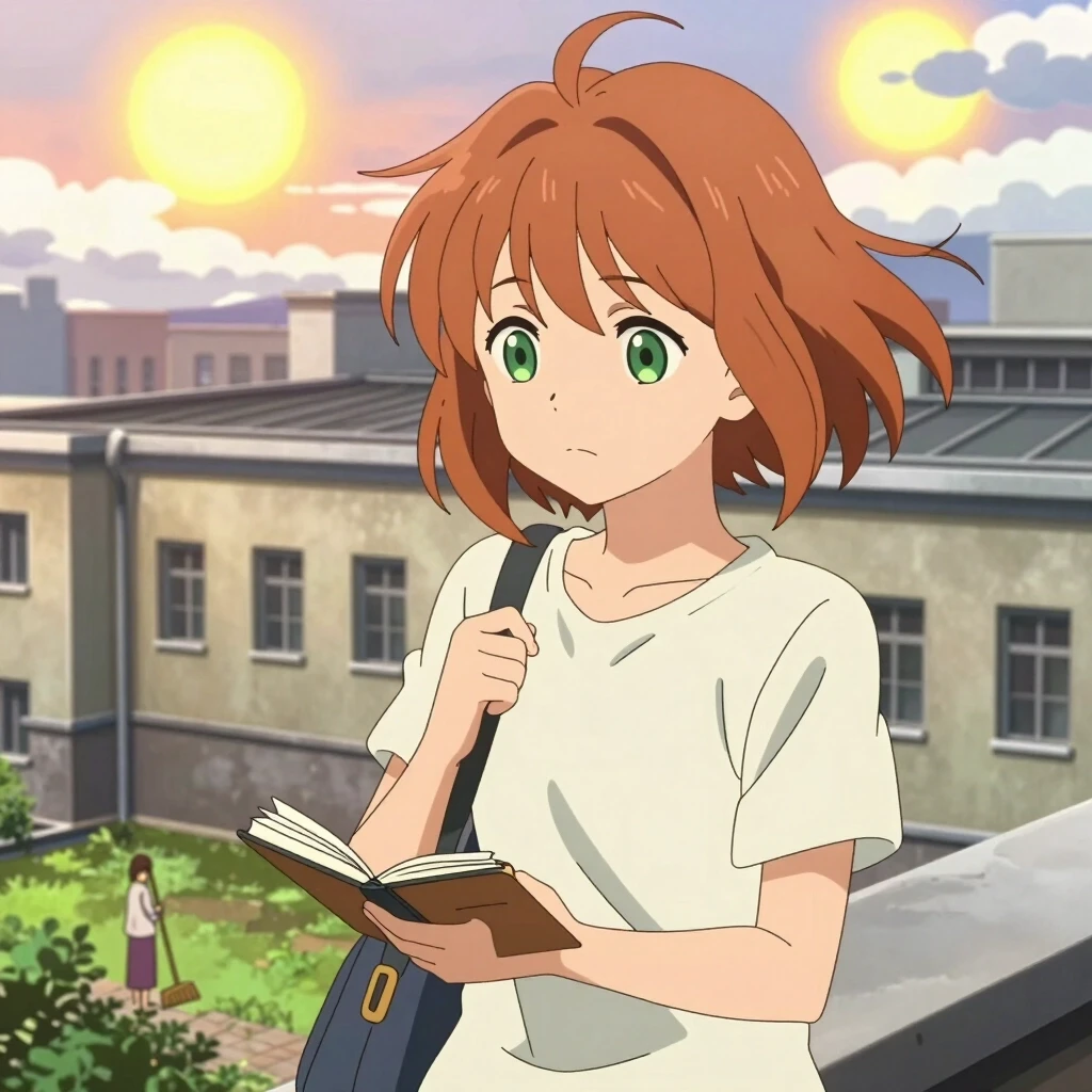 Anime-style portrait, medium close-up, modern Japanese animation style. A young girl with short, slightly tousled chestnut hair and calm green eyes. She’s in a hurry but not…