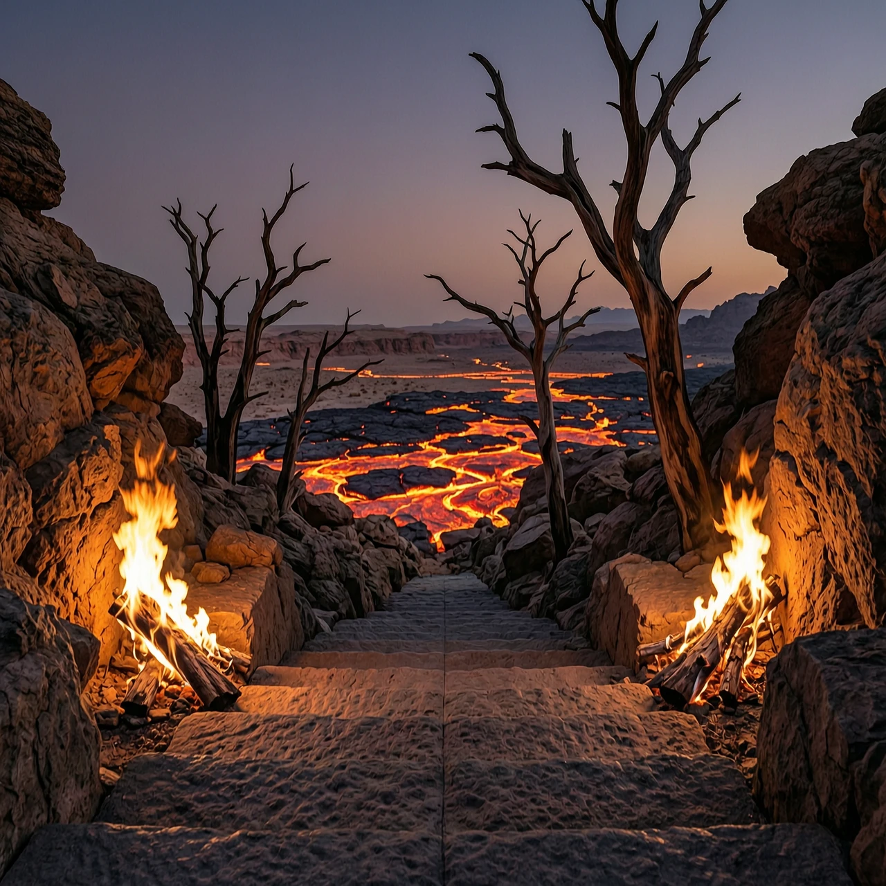 dark staircase, going down, narrowing downwards. There, at the bottom is a stony desert, lava, charred trees, reflections of tongues of flame on the stones. — работа…
