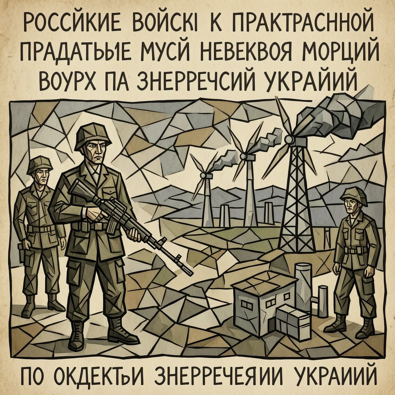 Нарисуй в стиле Пикассо. Российские войска приступили к практической подготовке массированных ударов небывалой мощи по объектам энергетики Украины. — работа пользователя…