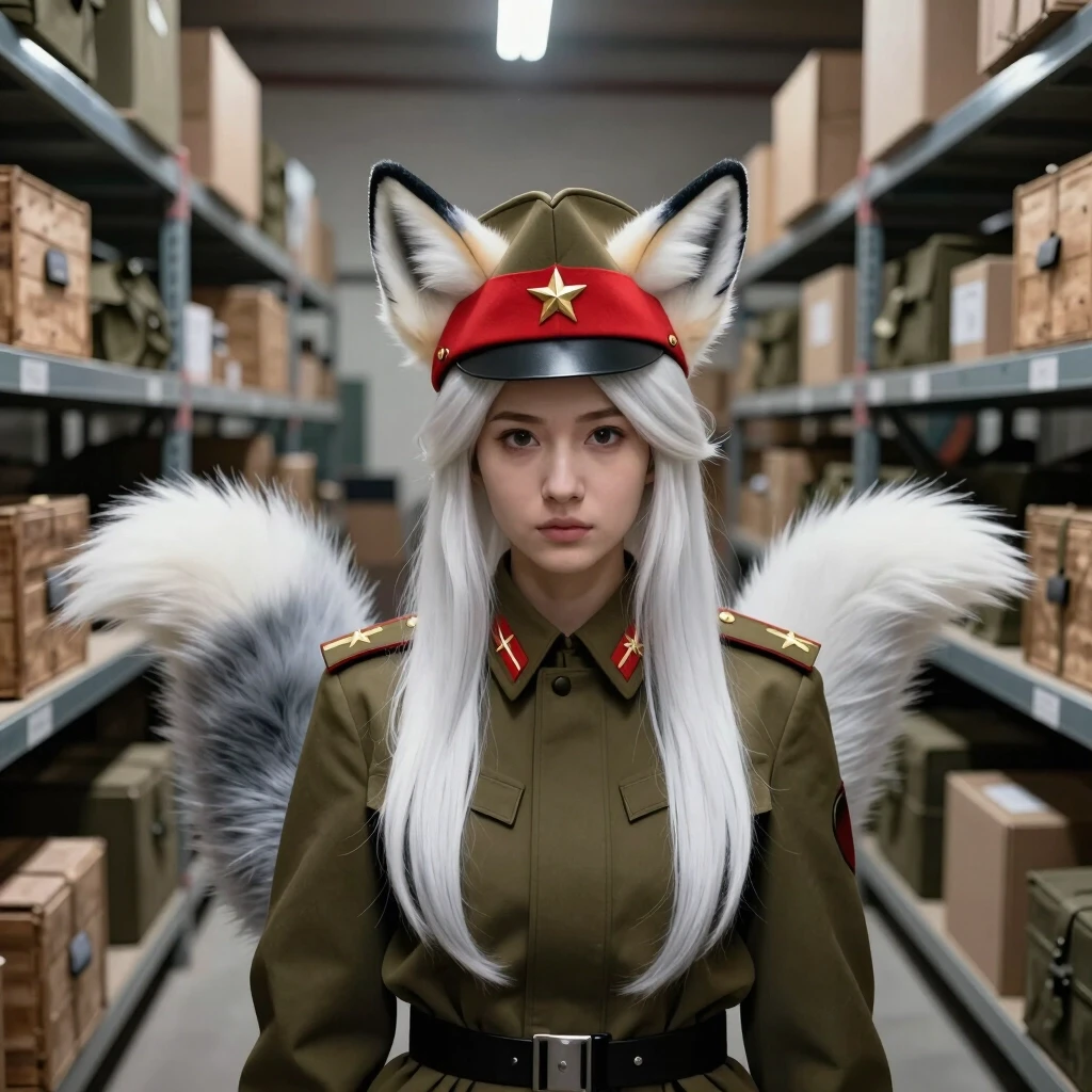 (A wide angle medium shot:1.2) of a beautiful Kumiho girl wearing a strict ((authentic Soviet military peaked cap, high officer furazhka with a wide flat circular top, stiff red…