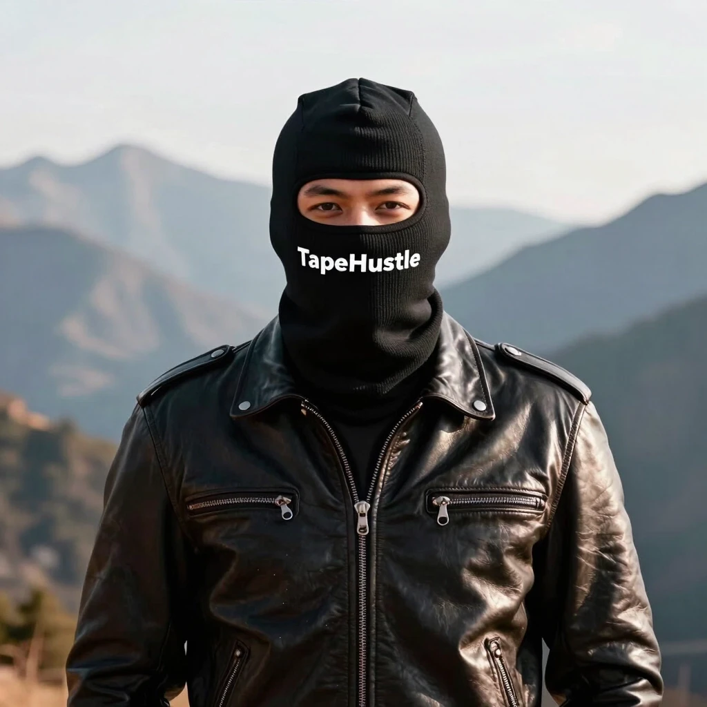 Создай человека в кожаной куртке в черной балаклаве надпись TapeHustle где то в горах по — работа пользователя Дикий Гиппогриф