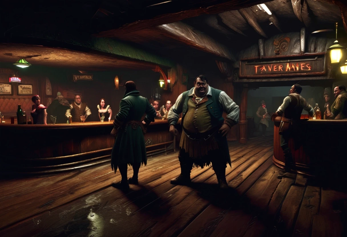 The interior of a gloomy tavern in a dark fantasy setting based on the Middle Ages; a fat, dirty man is standing behind the bar; the people in the tavern are dressed in rags. —…