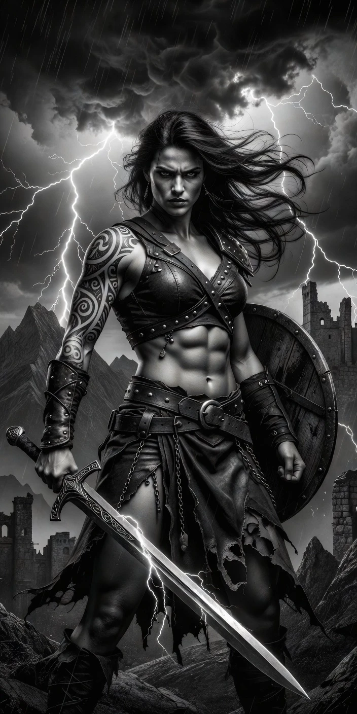 Black and white dramatic fantasy artwork, fierce female barbarian warrior, long flowing windblown hair, muscular athletic physique, defined abs, tribal swirl tattoos on left arm…