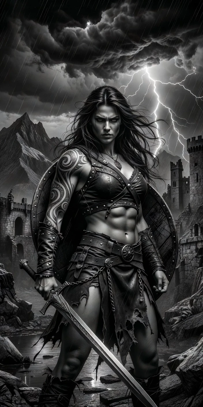 Black and white dramatic fantasy artwork, fierce female barbarian warrior, long flowing windblown hair, muscular athletic physique, defined abs, tribal swirl tattoos on left arm…