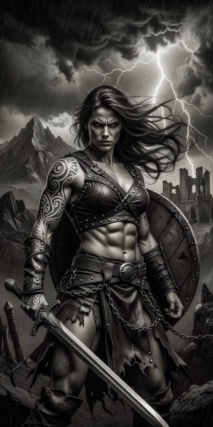 Black and white dramatic fantasy artwork, fierce female barbarian warrior, long flowing windblown hair, muscular athletic physique, defined abs, tribal swirl tattoos on left arm…