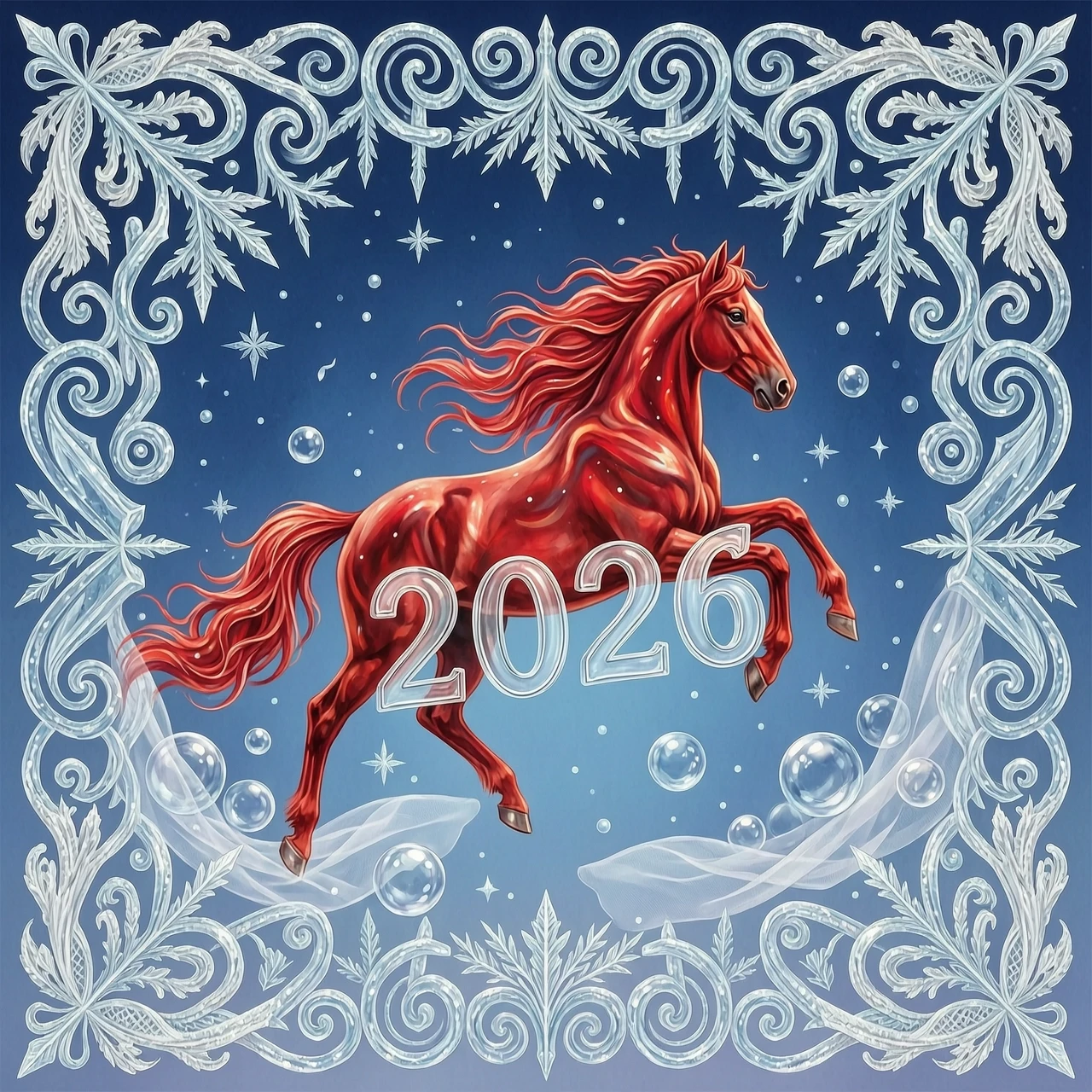 In the double exposure style. An ephemeral mythical creature in the form of a beautiful scarlet fiery horse with a long wavy mane collects the word "2026" from glass…