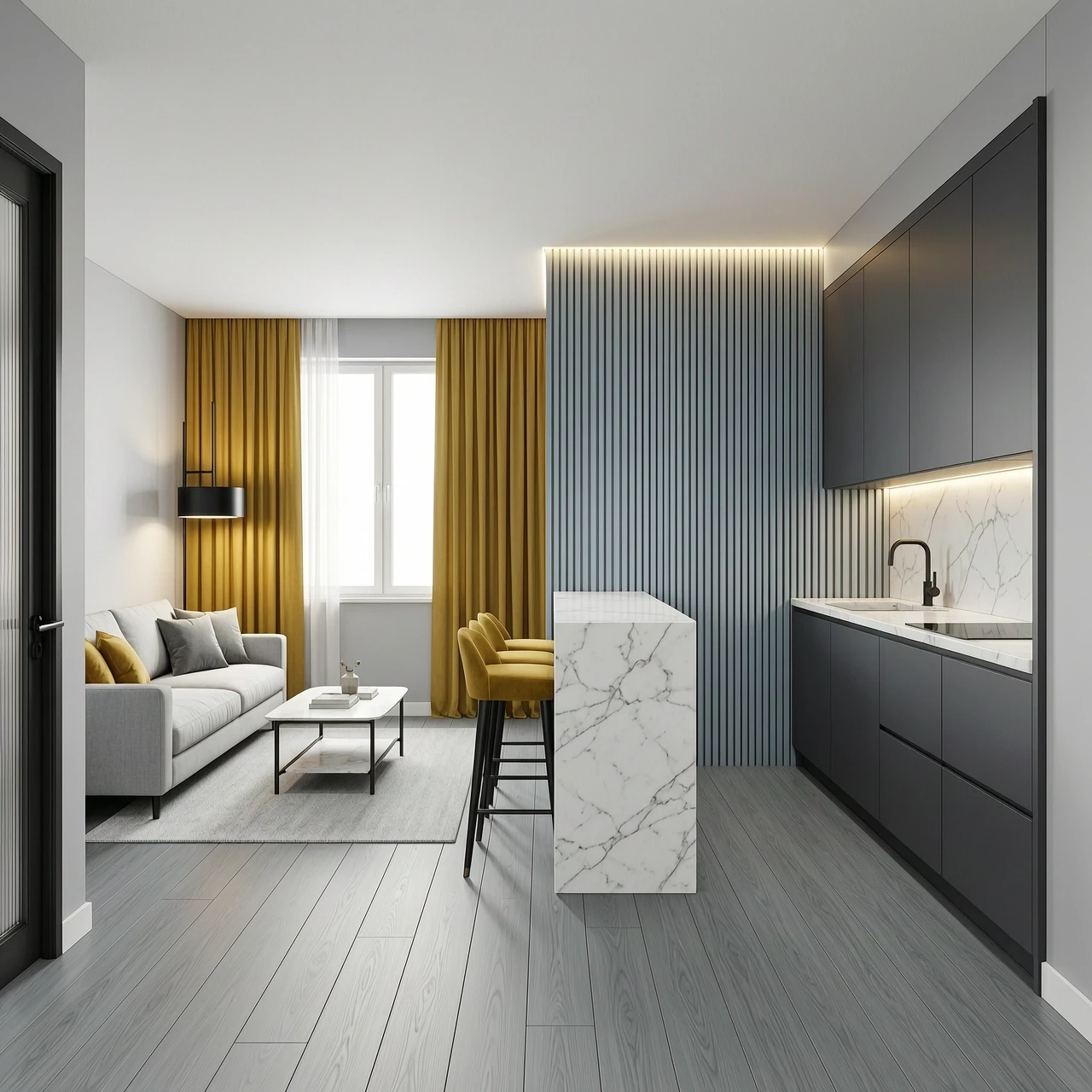 Interior design of a rectangular 18 sqm kitchen-living room, view from the entrance door. Room size 4.5m width x 4.0m depth, ceiling height 2.7m. Upon entering, on the left is a…