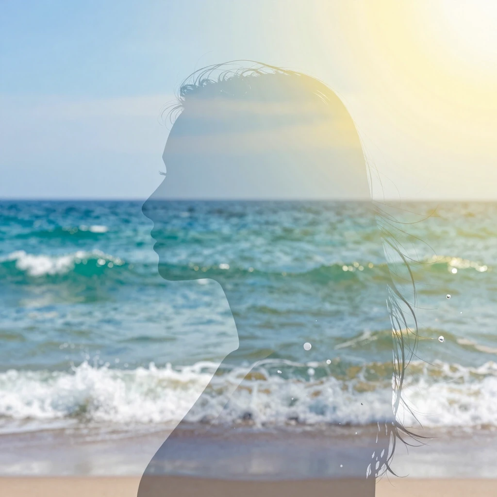 (Double exposure: 1,9). Abstract background (soft colors, marine theme). Seascape (waves, clear water, splashes) inside transparent silhouette of girl's profile. Dissolving…