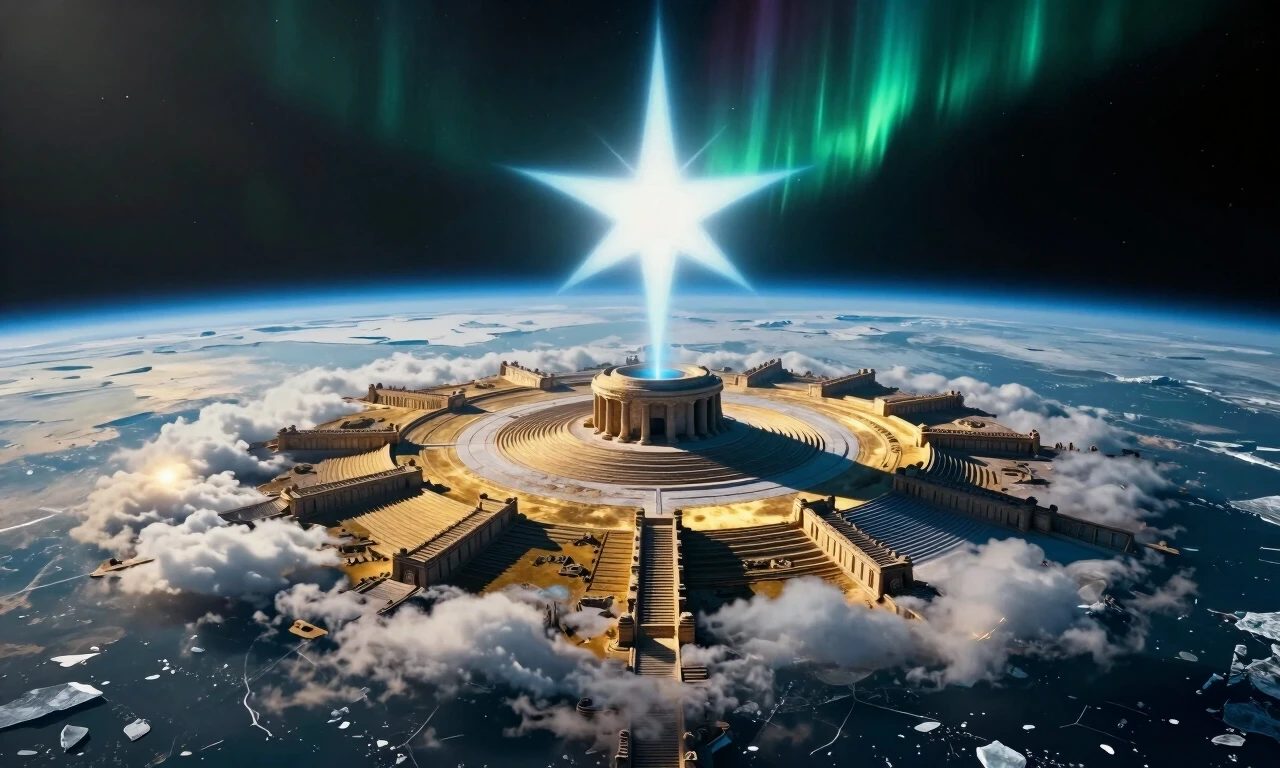 Panorama from space: the North Pole, with the ancient continent of Hyperborea emerging through the ice and clouds in the center. Ruins of cyclopean structures, terraces, and…