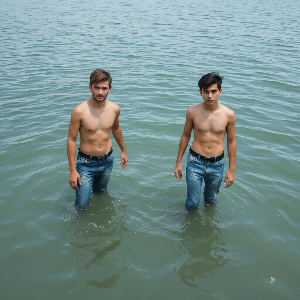 18-years-old guys in wet light-blue denim leggings are standing in deep water — работа пользователя Грозовой Химик